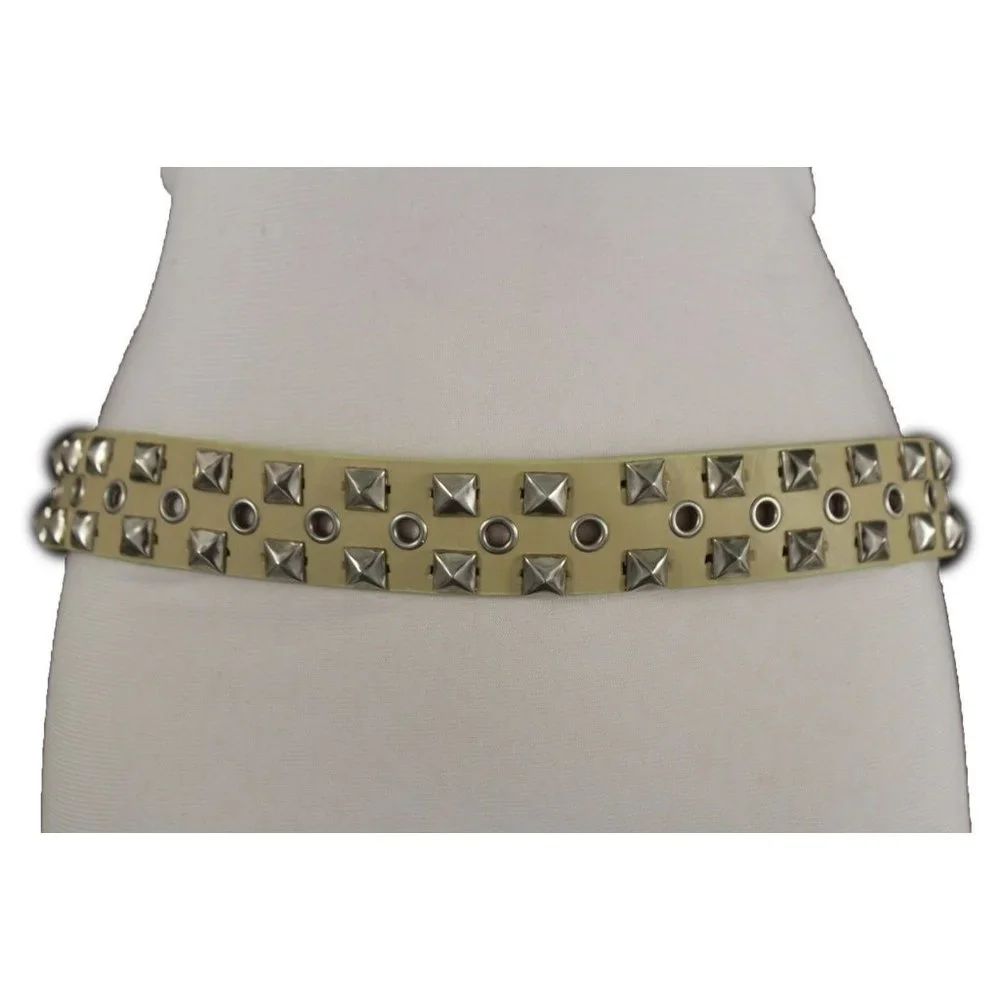 New Women Men Fashion Belt Beige Faux Leather Silver Metal Studs Size S M L XL - Picture 11 of 17